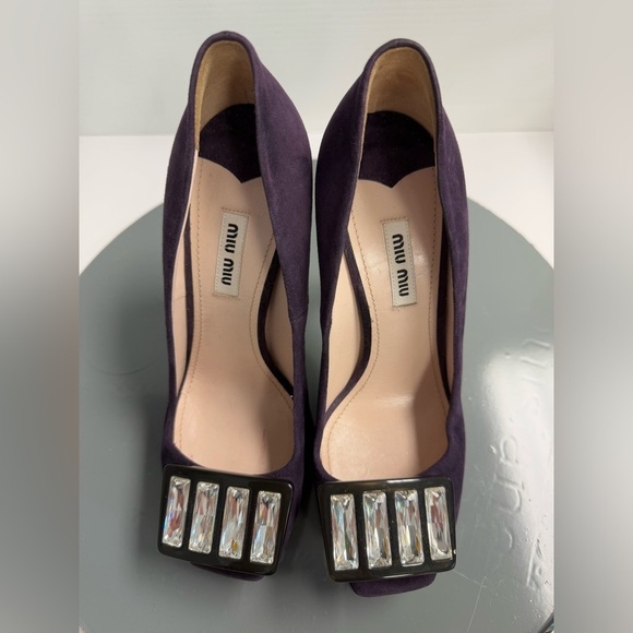 Miu Miu Purple Suede Crystal Embellished Peep Toe Platform Pumps Size 38 - Picture 2 of 11